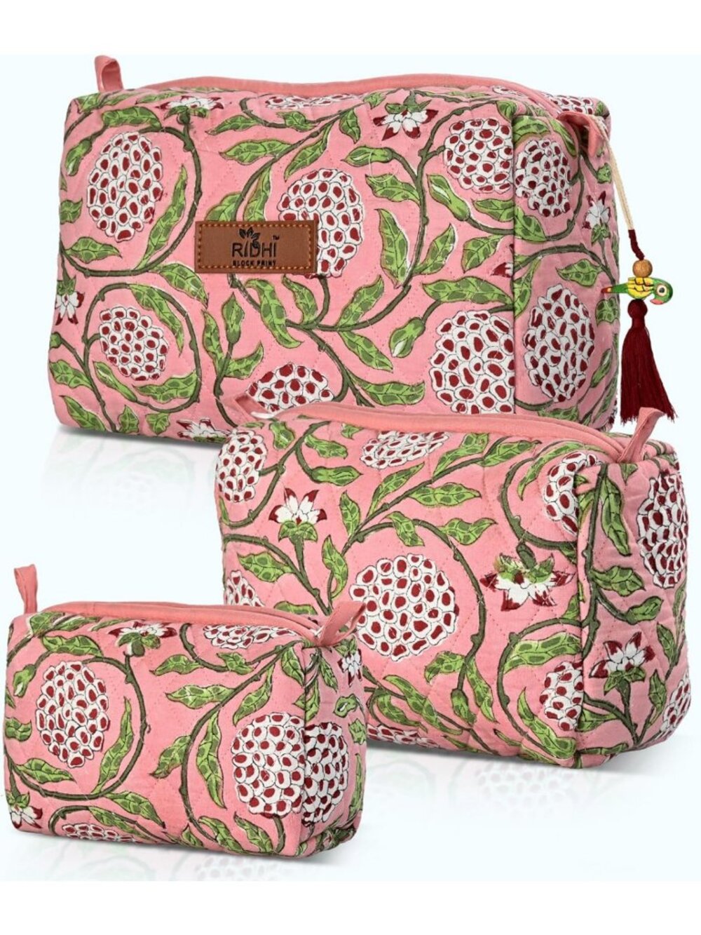 Set of 3 Strawberry Pink Hand Block Print Cotton Toiletry Bags - Travel